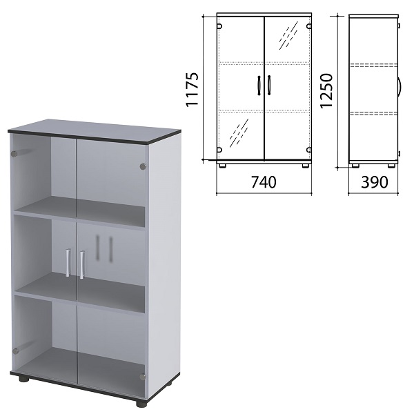 Шкаф закрытый со стеклом низкий Монолит 744*390*1252 мм, серый, КМ14.11