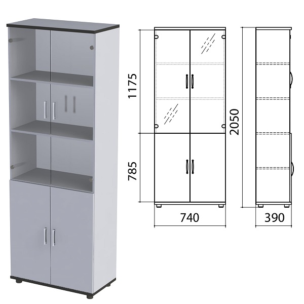 Шкаф закрытый со стеклом Монолит 744*390*2046 мм, серый, КМ2.11