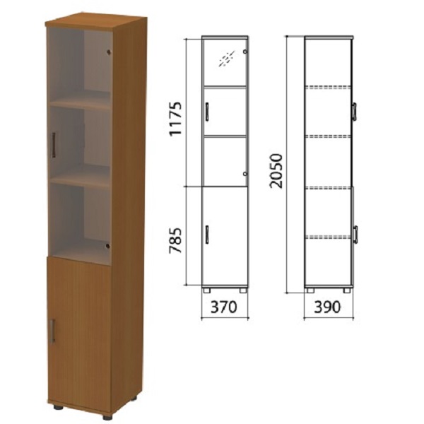 Шкаф закрытый со стеклом узкий Монолит 374*390*2046 мм, орех, КМ9.3