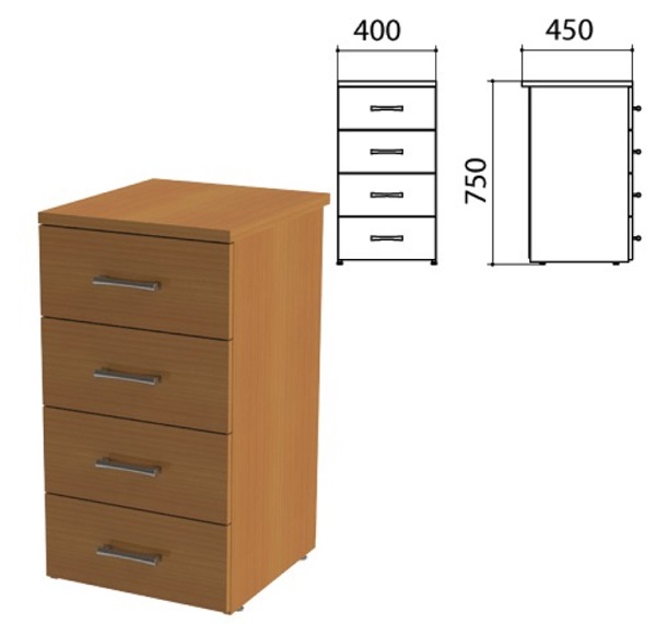 Тумба приставная 406*456*756 мм, 4 ящика, орех, Монолит КМ25.3